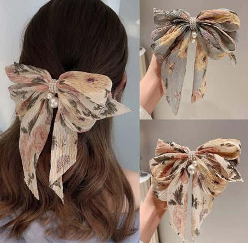 Fashion Bow Knot Floral Print Hairpin